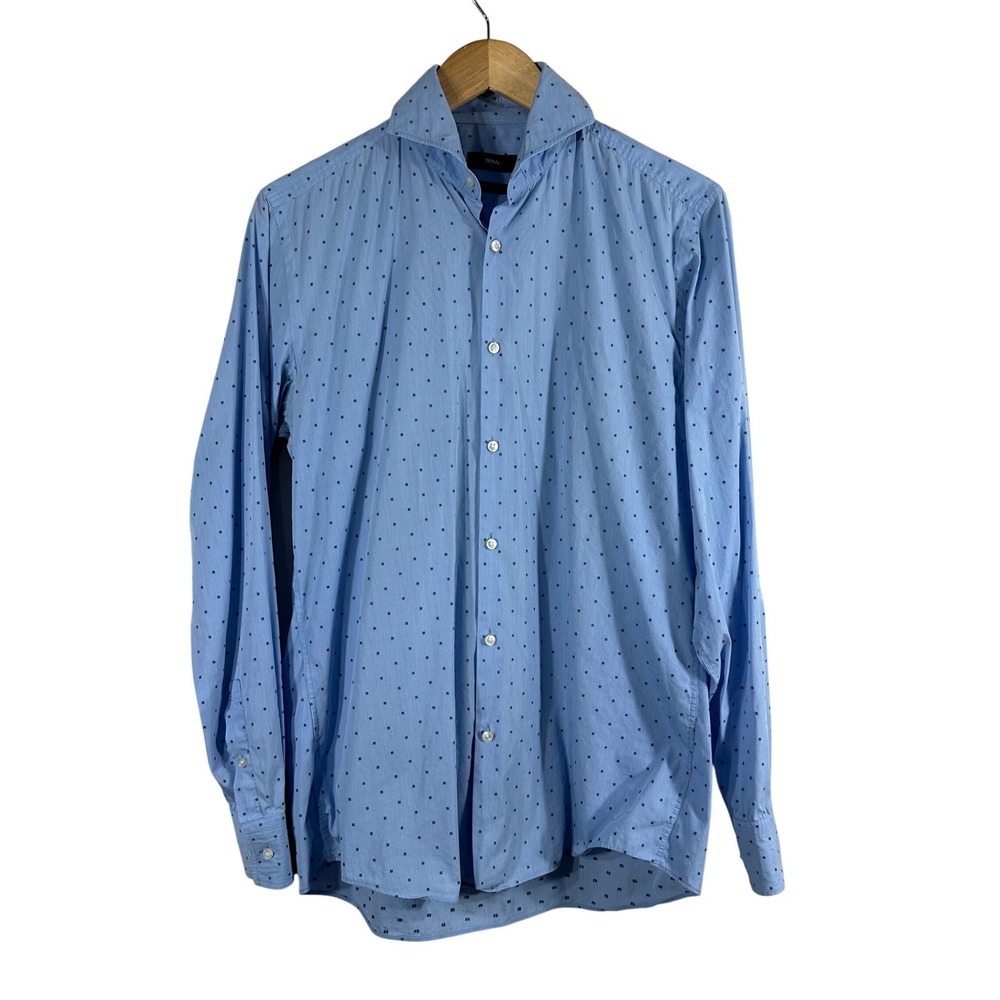 Hugo Boss Slim Fit Stretch Shirt Mens 15.5 39 Light Blue Geometric Micro Print‎